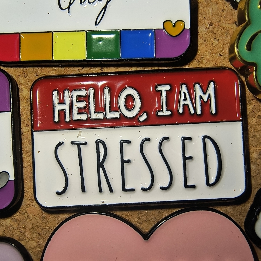 Hello, I Am Stressed Enamel Pin - Red & White
